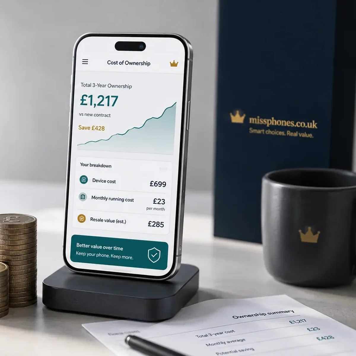 Smartphone ownership-cost dashboard beside pound coins